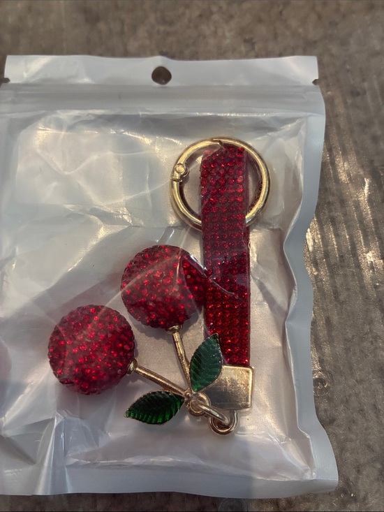 Accessories - Red Crystal Cherry Keychain with Green Enamel Leaves